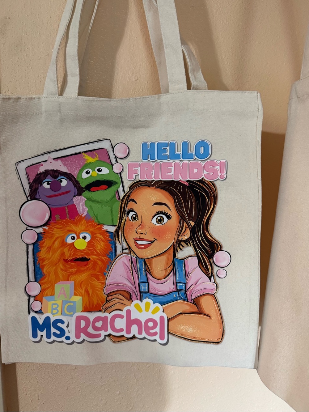 Ms. Rachel Kids Canvas Tote Bag - White with Colorful Print
